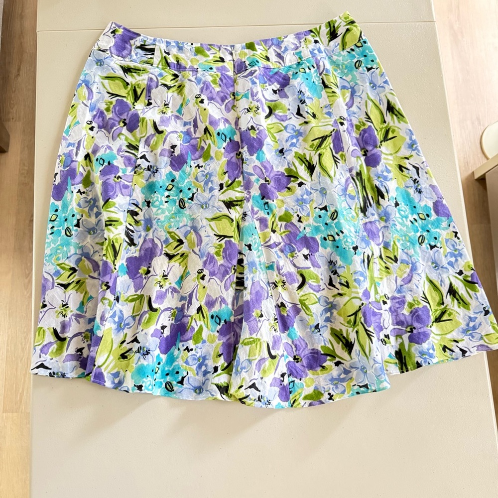 100% Linen Floral Multicolor A-Line Knee Length Skirt